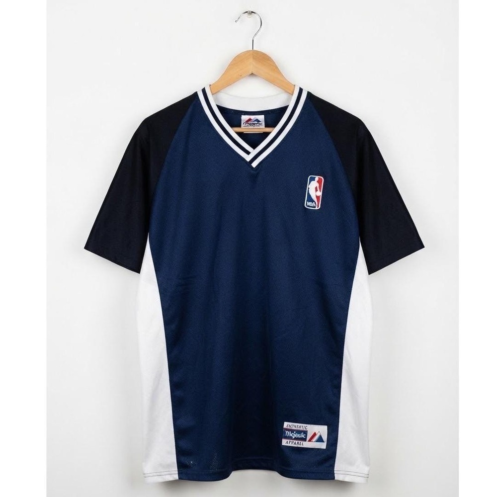 Majestic NBA Shooting Shirt Navy Blue White Colorblock Mesh V-Neck XL USA Made